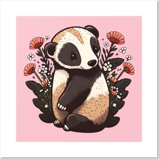 Badger surrounded by flowers Posters and Art